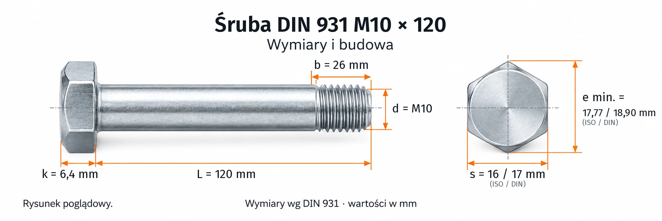 Śruba DIN 931 M10×120 – rysunek wymiarowy: gwint M10, długość L 120 mm, długość gwintu b 26 mm, wysokość łba k 6,4 mm, klucz s 16 / 17 mm (ISO / DIN), wymiar po narożach e min. 17,77 / 18,90 mm