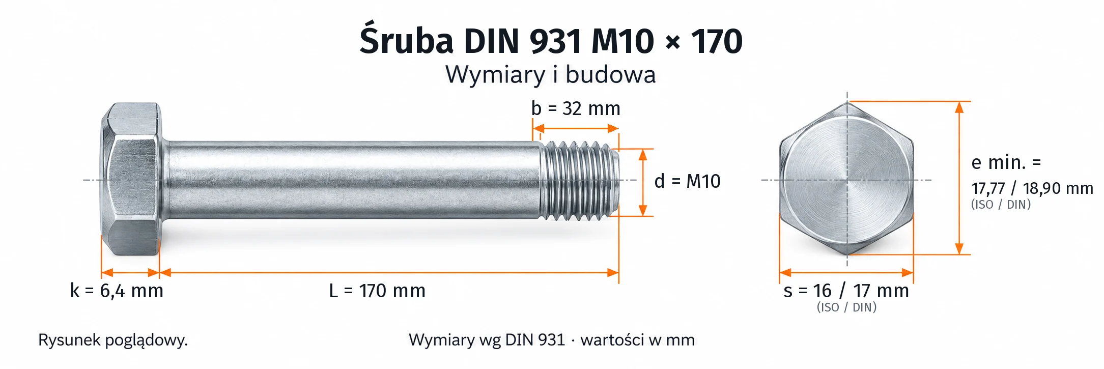 Śruba DIN 931 M10×170 – rysunek wymiarowy: gwint M10, długość L 170 mm, długość gwintu b 32 mm, wysokość łba k 6,4 mm, klucz s 16 / 17 mm (ISO / DIN), wymiar po narożach e min. 17,77 / 18,90 mm