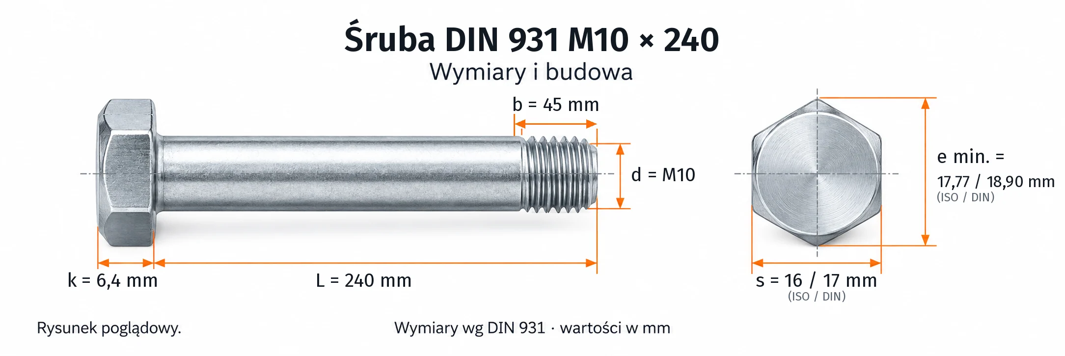 Śruba DIN 931 M10×240 – rysunek wymiarowy: gwint M10, długość L 240 mm, długość gwintu b 45 mm, wysokość łba k 6,4 mm, klucz s 16 / 17 mm (ISO / DIN), wymiar po narożach e min. 17,77 / 18,90 mm