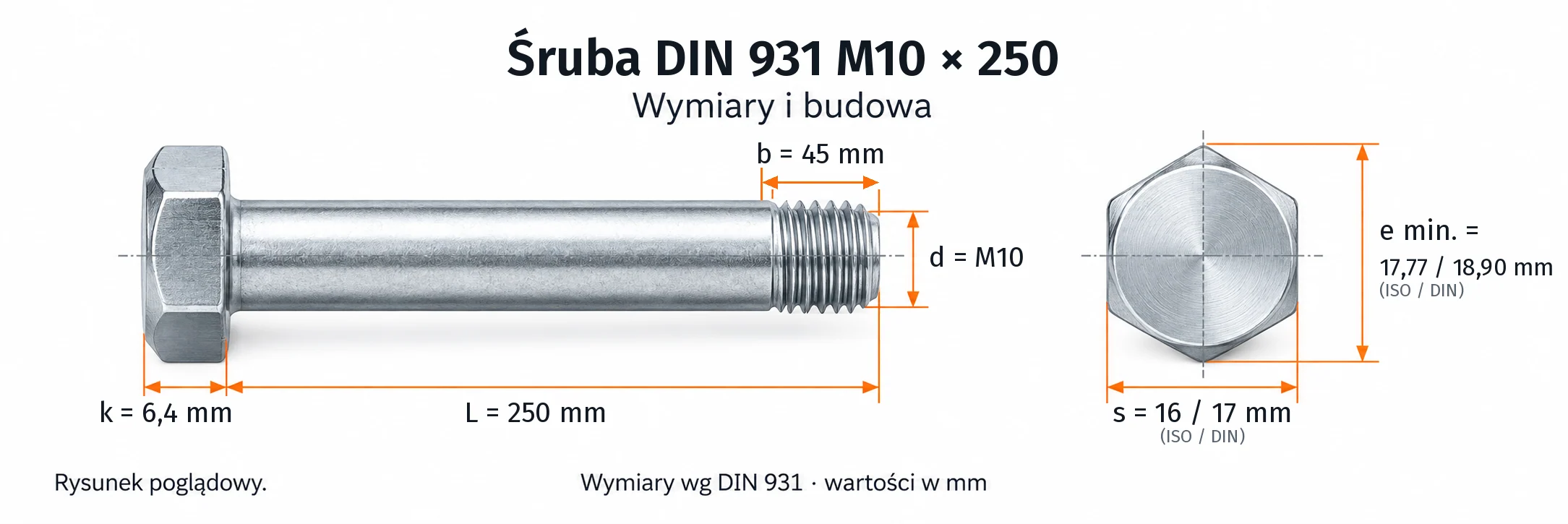 Śruba DIN 931 M10×250 – rysunek wymiarowy: gwint M10, długość L 250 mm, długość gwintu b 45 mm, wysokość łba k 6,4 mm, klucz s 16 / 17 mm (ISO / DIN), wymiar po narożach e min. 17,77 / 18,90 mm