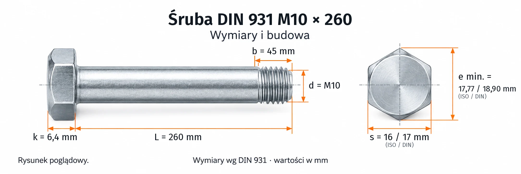 Śruba DIN 931 M10×260 – rysunek wymiarowy: gwint M10, długość L 260 mm, długość gwintu b 45 mm, wysokość łba k 6,4 mm, klucz s 16 / 17 mm (ISO / DIN), wymiar po narożach e min. 17,77 / 18,90 mm