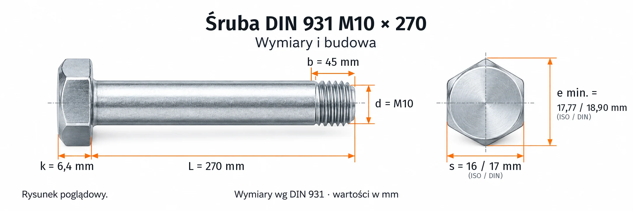 Śruba DIN 931 M10×270 – rysunek wymiarowy: gwint M10, długość L 270 mm, długość gwintu b 45 mm, wysokość łba k 6,4 mm, klucz s 16 / 17 mm (ISO / DIN), wymiar po narożach e min. 17,77 / 18,90 mm