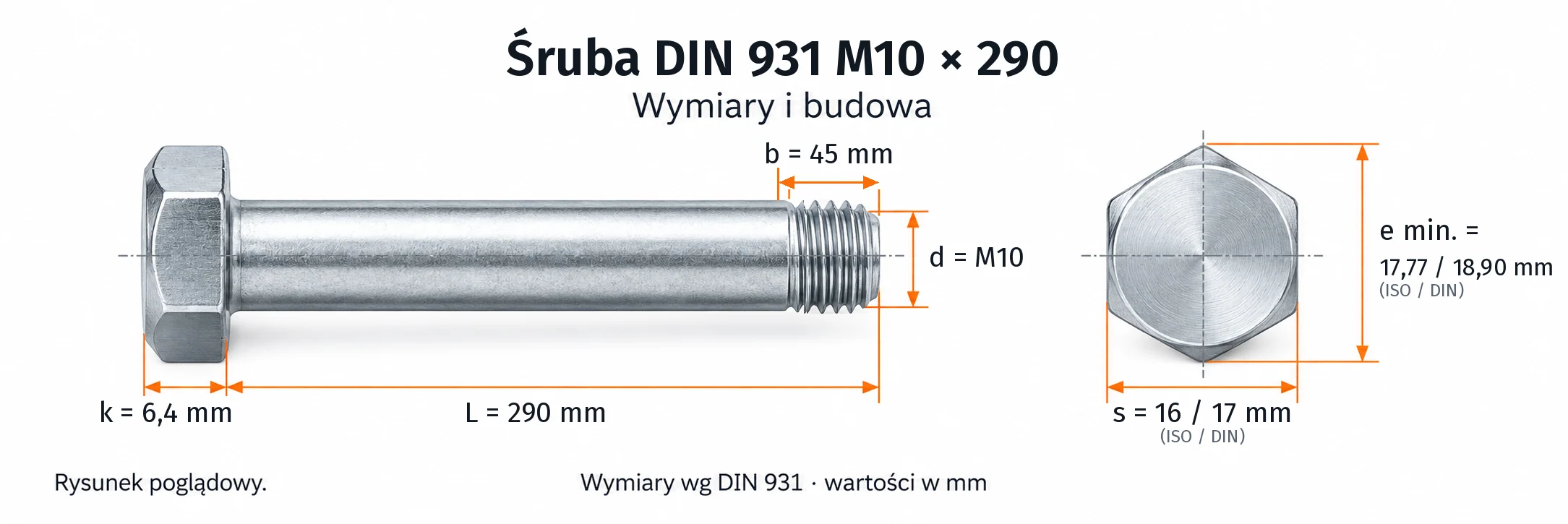 Śruba DIN 931 M10×290 – rysunek wymiarowy: gwint M10, długość L 290 mm, długość gwintu b 45 mm, wysokość łba k 6,4 mm, klucz s 16 / 17 mm (ISO / DIN), wymiar po narożach e min. 17,77 / 18,90 mm