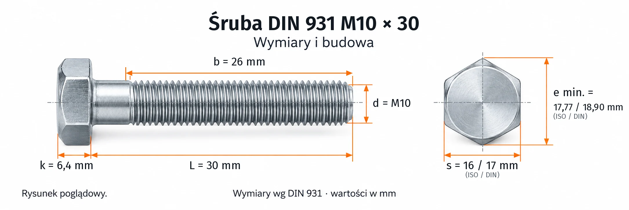 Śruba DIN 931 M10×30 – rysunek wymiarowy: gwint M10, długość L 30 mm, długość gwintu b 26 mm, wysokość łba k 6,4 mm, klucz s 16 / 17 mm (ISO / DIN), wymiar po narożach e min. 17,77 / 18,90 mm