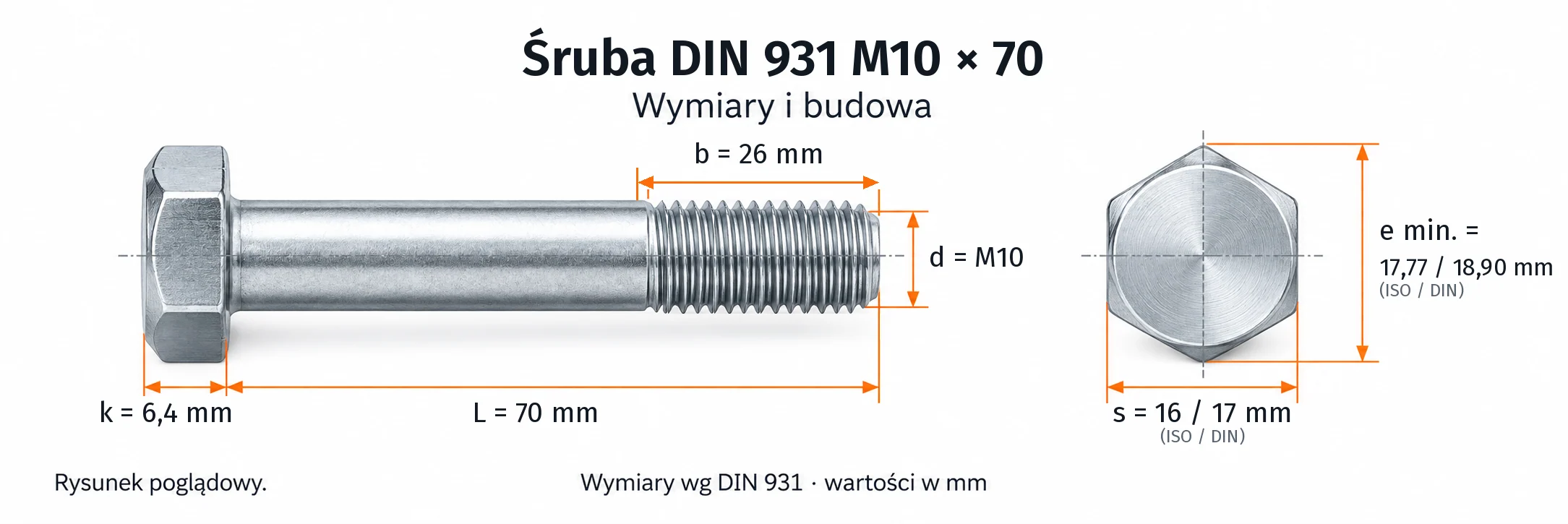 Śruba DIN 931 M10×70 – rysunek wymiarowy: gwint M10, długość L 70 mm, długość gwintu b 26 mm, wysokość łba k 6,4 mm, klucz s 16 / 17 mm (ISO / DIN), wymiar po narożach e min. 17,77 / 18,90 mm