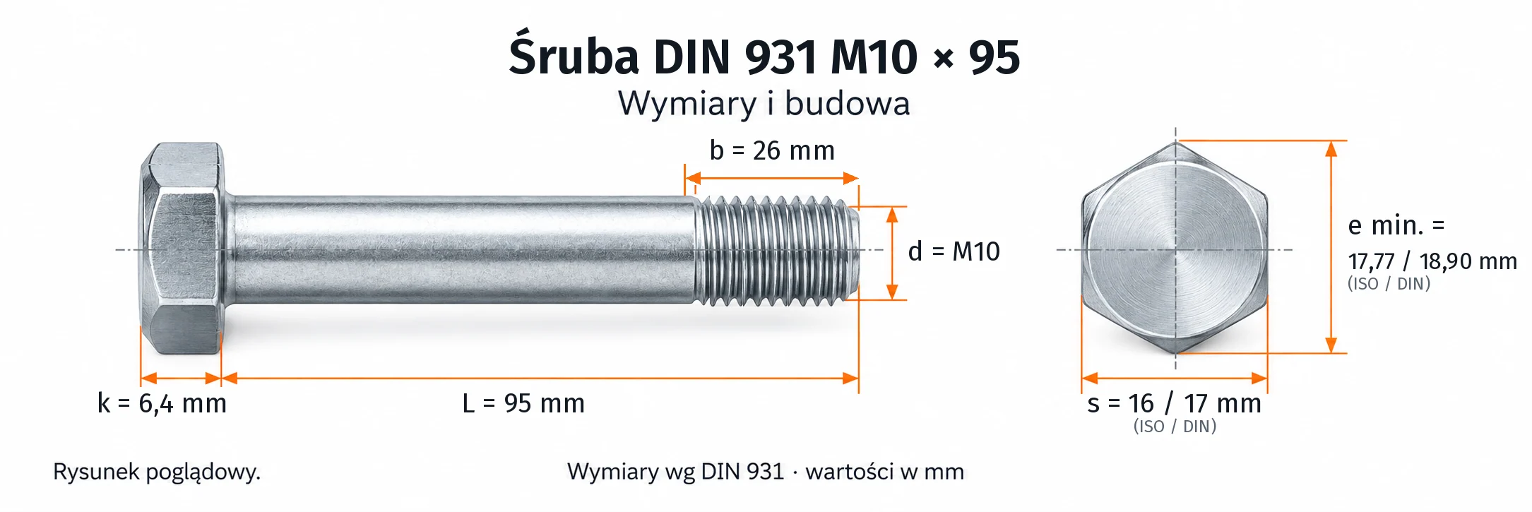 Śruba DIN 931 M10×95 – rysunek wymiarowy: gwint M10, długość L 95 mm, długość gwintu b 26 mm, wysokość łba k 6,4 mm, klucz s 16 / 17 mm (ISO / DIN), wymiar po narożach e min. 17,77 / 18,90 mm