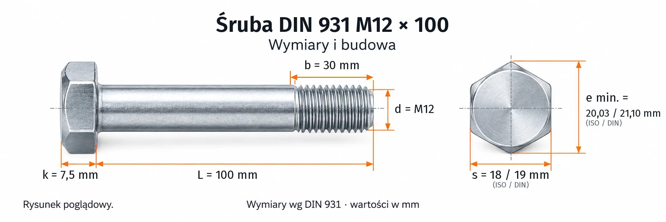 Śruba DIN 931 M12×100 – rysunek wymiarowy: gwint M12, długość L 100 mm, długość gwintu b 30 mm, wysokość łba k 7,5 mm, klucz s 18 / 19 mm (ISO / DIN), wymiar po narożach e min. 20,03 / 21,10 mm