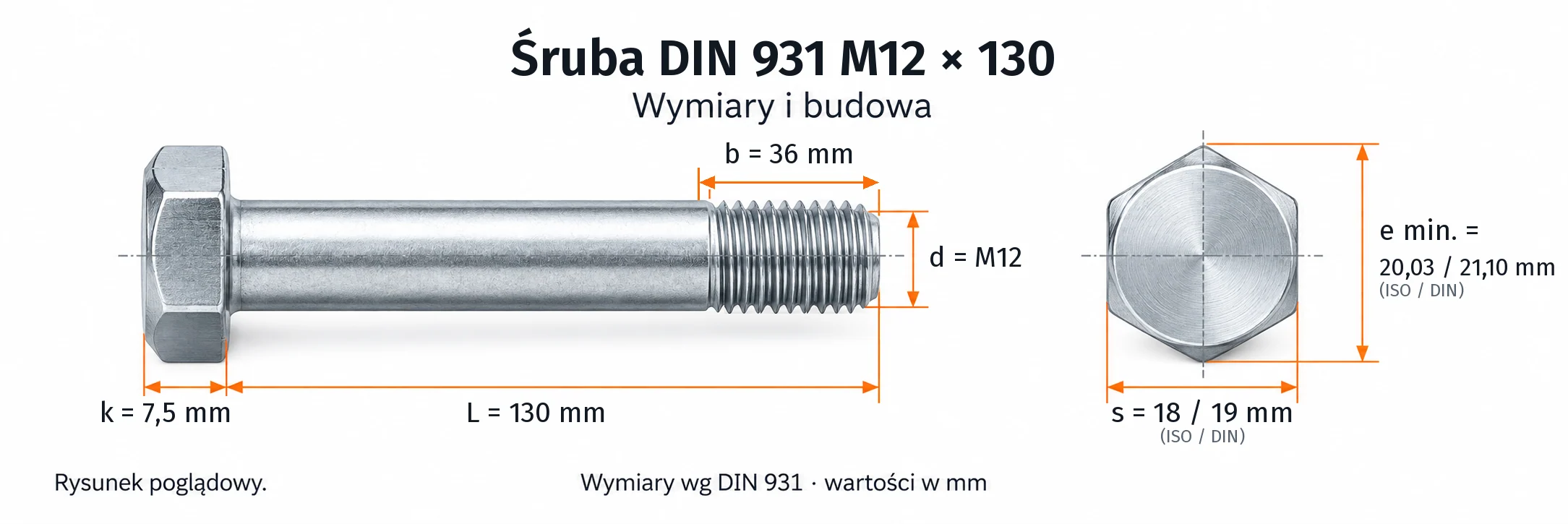 Śruba DIN 931 M12×130 – rysunek wymiarowy: gwint M12, długość L 130 mm, długość gwintu b 36 mm, wysokość łba k 7,5 mm, klucz s 18 / 19 mm (ISO / DIN), wymiar po narożach e min. 20,03 / 21,10 mm
