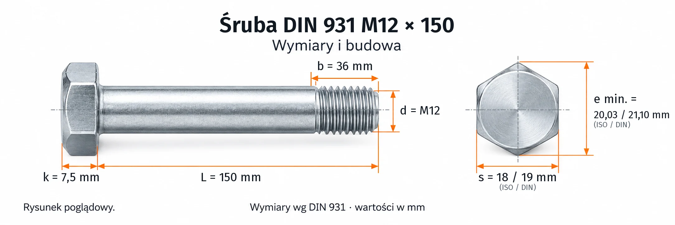 Śruba DIN 931 M12×150 – rysunek wymiarowy: gwint M12, długość L 150 mm, długość gwintu b 36 mm, wysokość łba k 7,5 mm, klucz s 18 / 19 mm (ISO / DIN), wymiar po narożach e min. 20,03 / 21,10 mm