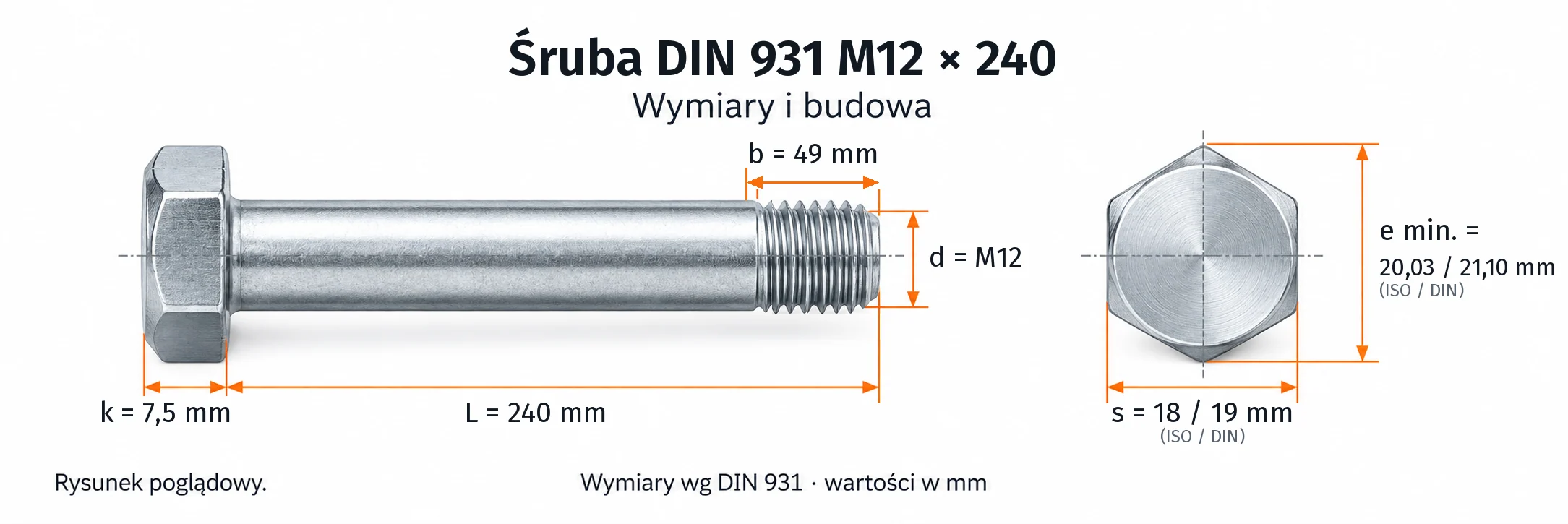 Śruba DIN 931 M12×240 – rysunek wymiarowy: gwint M12, długość L 240 mm, długość gwintu b 49 mm, wysokość łba k 7,5 mm, klucz s 18 / 19 mm (ISO / DIN), wymiar po narożach e min. 20,03 / 21,10 mm