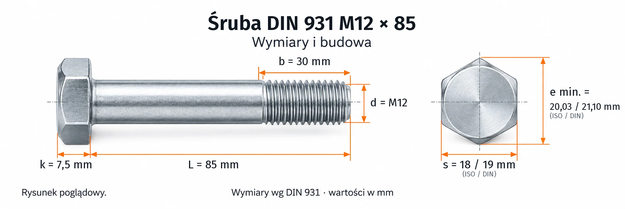 Śruba DIN 931 M12×85 – rysunek wymiarowy: gwint M12, długość L 85 mm, długość gwintu b 30 mm, wysokość łba k 7,5 mm, klucz s 18 / 19 mm (ISO / DIN), wymiar po narożach e min. 20,03 / 21,10 mm