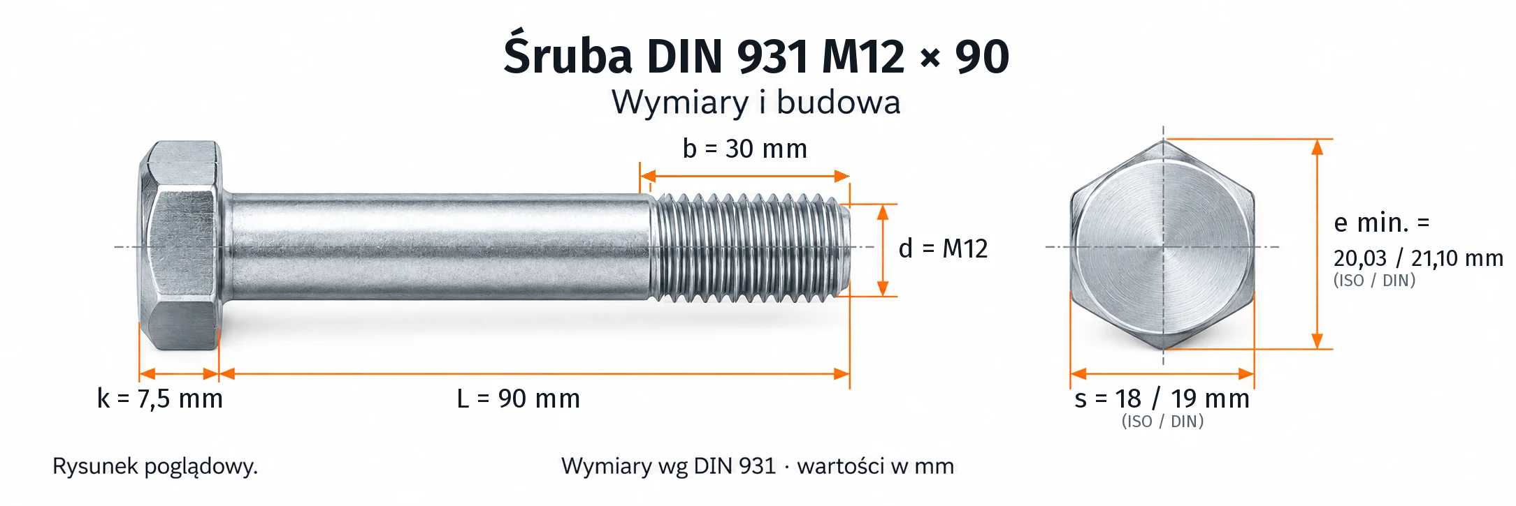 Śruba DIN 931 M12×90 – rysunek wymiarowy: gwint M12, długość L 90 mm, długość gwintu b 30 mm, wysokość łba k 7,5 mm, klucz s 18 / 19 mm (ISO / DIN), wymiar po narożach e min. 20,03 / 21,10 mm