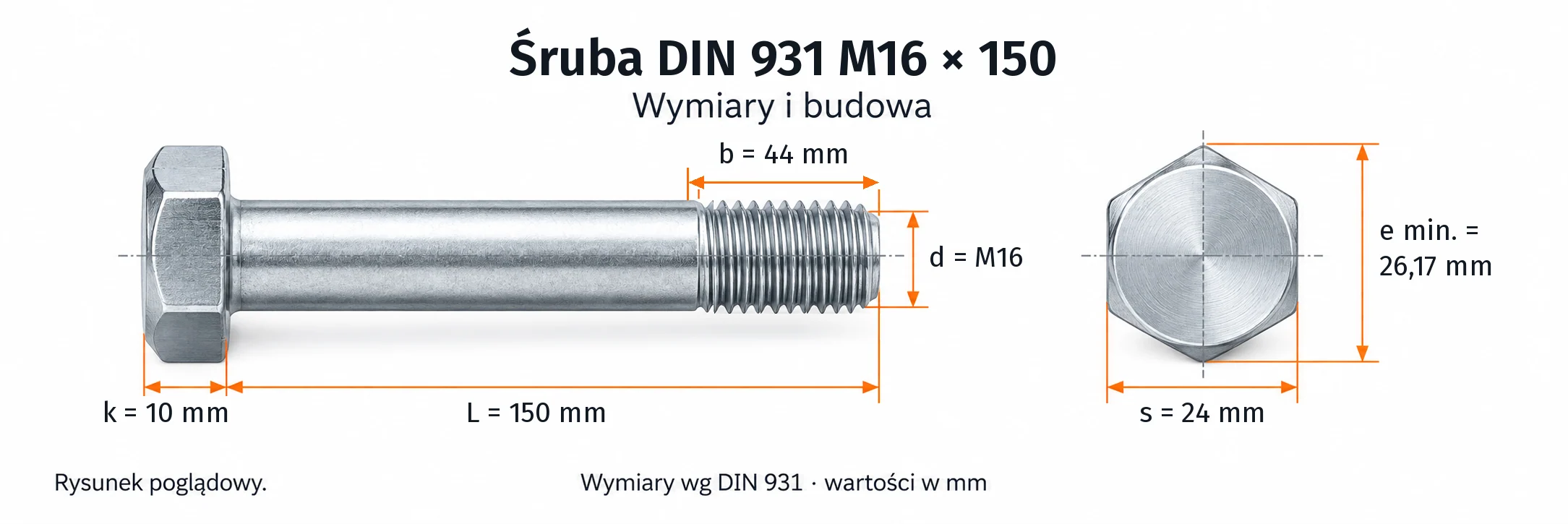 Śruba DIN 931 M16×150 – rysunek wymiarowy: gwint M16, długość L 150 mm, długość gwintu b 44 mm, wysokość łba k 10 mm, klucz s 24 mm, wymiar po narożach e min. 26,17 mm