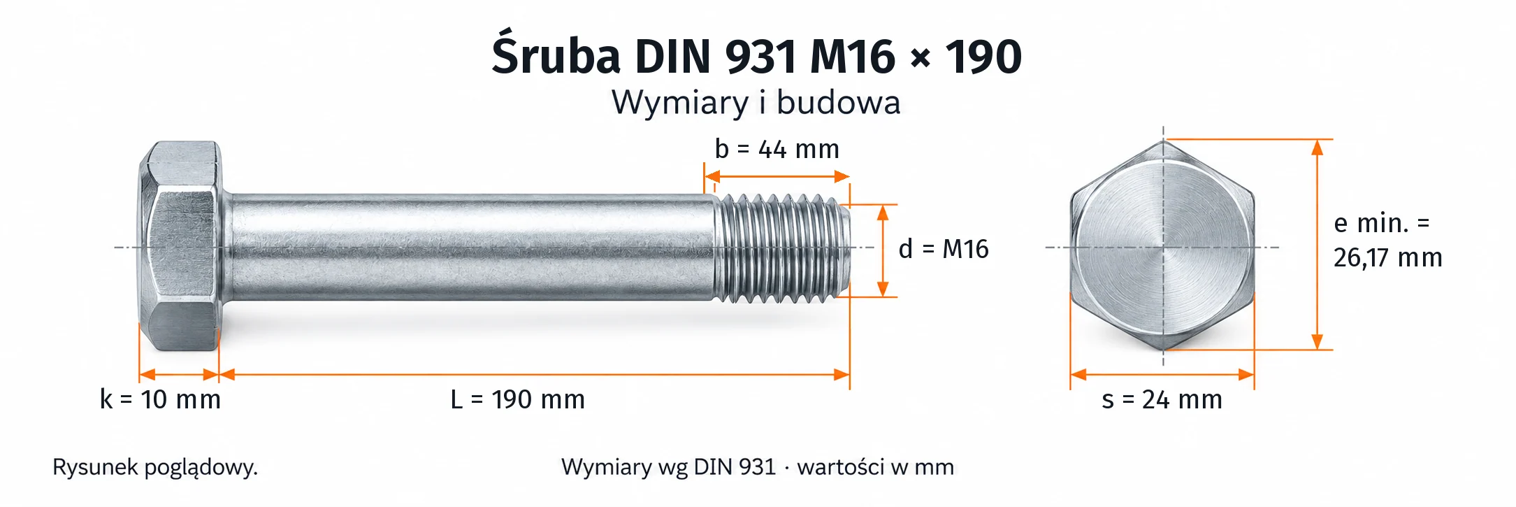 Śruba DIN 931 M16×190 – rysunek wymiarowy: gwint M16, długość L 190 mm, długość gwintu b 44 mm, wysokość łba k 10 mm, klucz s 24 mm, wymiar po narożach e min. 26,17 mm