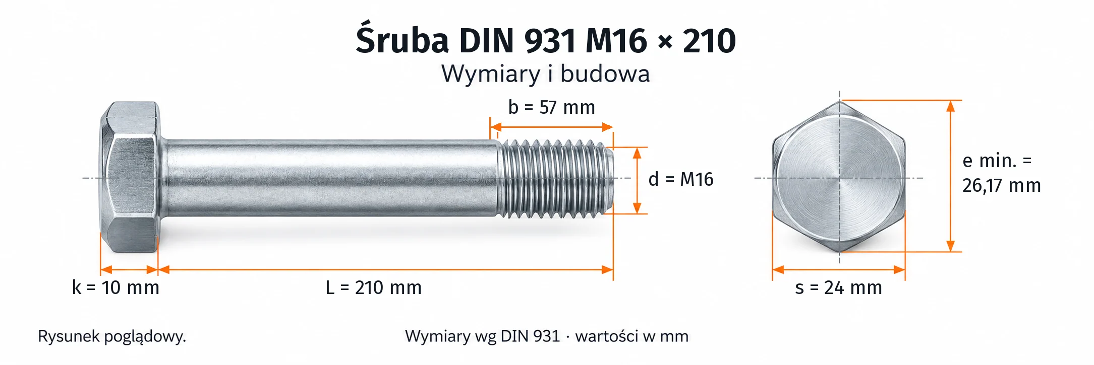 Śruba DIN 931 M16×210 – rysunek wymiarowy: gwint M16, długość L 210 mm, długość gwintu b 57 mm, wysokość łba k 10 mm, klucz s 24 mm, wymiar po narożach e min. 26,17 mm