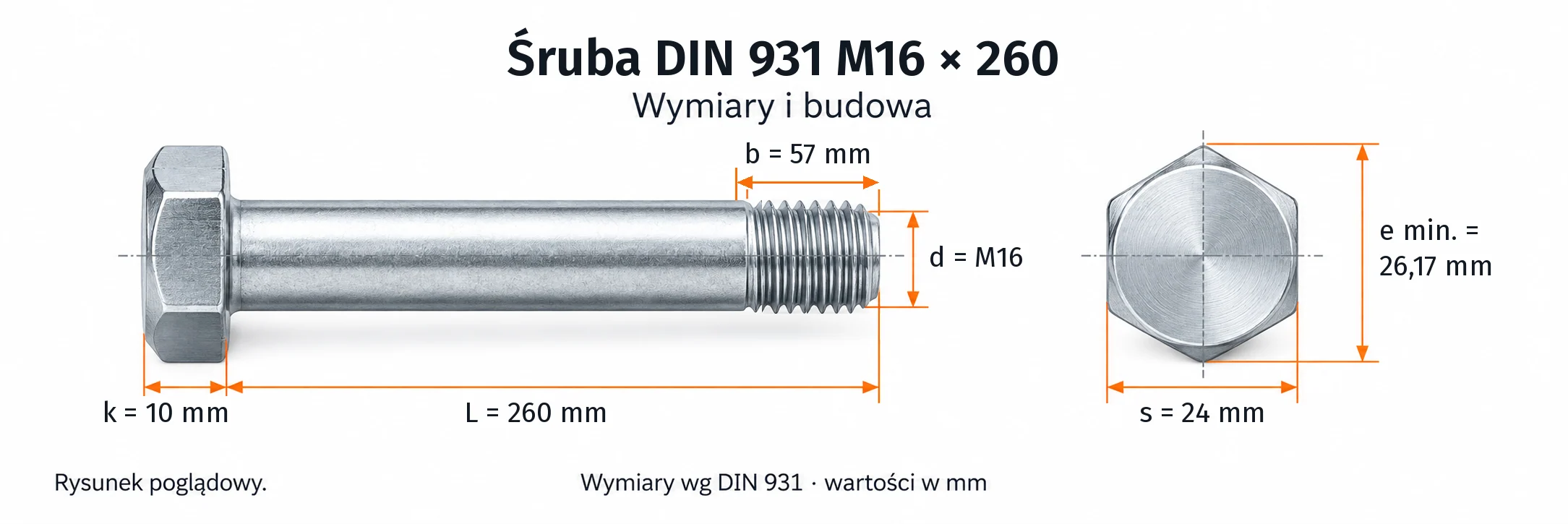 Śruba DIN 931 M16×260 – rysunek wymiarowy: gwint M16, długość L 260 mm, długość gwintu b 57 mm, wysokość łba k 10 mm, klucz s 24 mm, wymiar po narożach e min. 26,17 mm