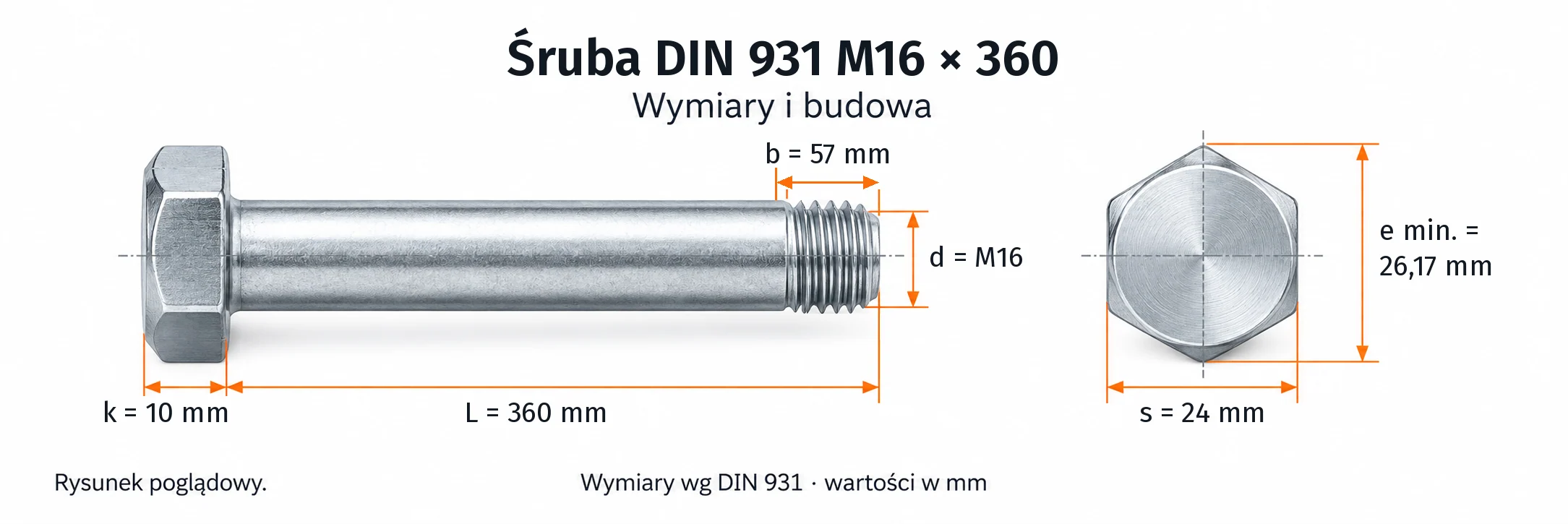 Śruba DIN 931 M16×360 – rysunek wymiarowy: gwint M16, długość L 360 mm, długość gwintu b 57 mm, wysokość łba k 10 mm, klucz s 24 mm, wymiar po narożach e min. 26,17 mm