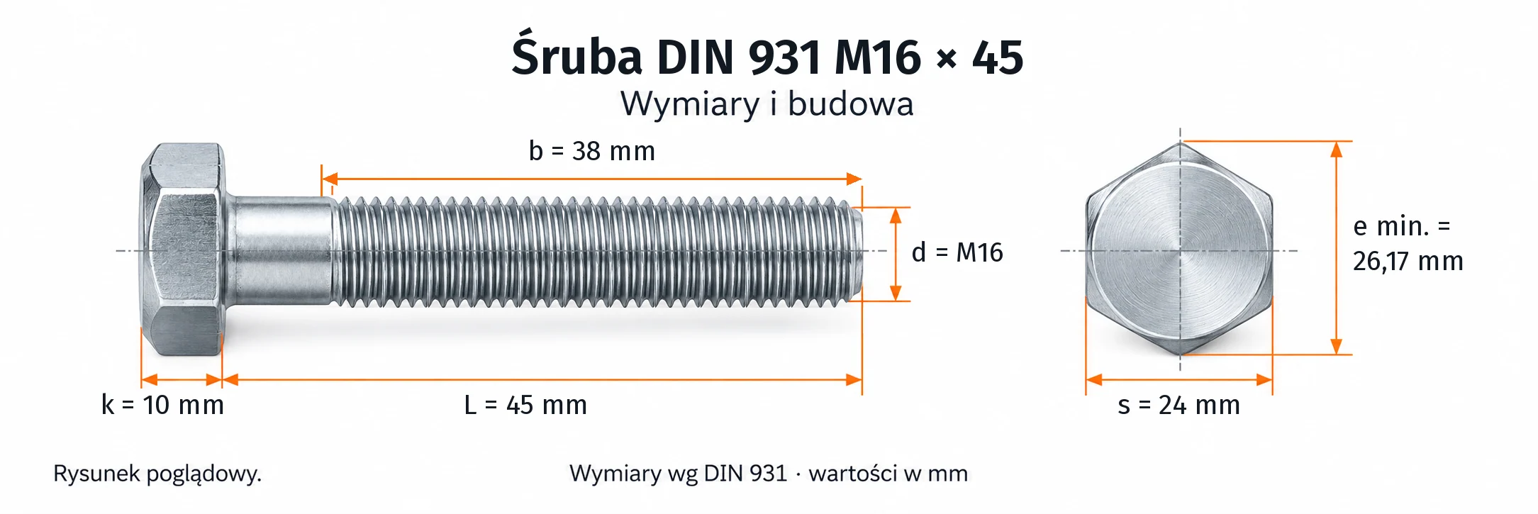 Śruba DIN 931 M16×45 – rysunek wymiarowy: gwint M16, długość L 45 mm, długość gwintu b 38 mm, wysokość łba k 10 mm, klucz s 24 mm, wymiar po narożach e min. 26,17 mm
