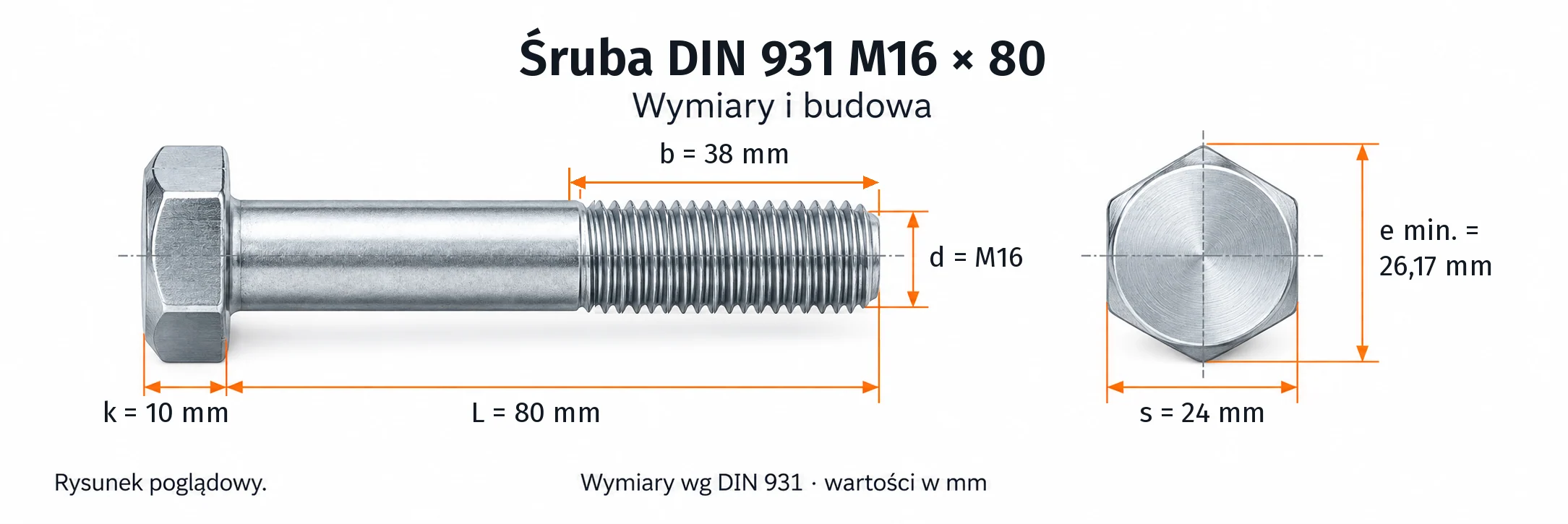 Śruba DIN 931 M16×80 – rysunek wymiarowy: gwint M16, długość L 80 mm, długość gwintu b 38 mm, wysokość łba k 10 mm, klucz s 24 mm, wymiar po narożach e min. 26,17 mm