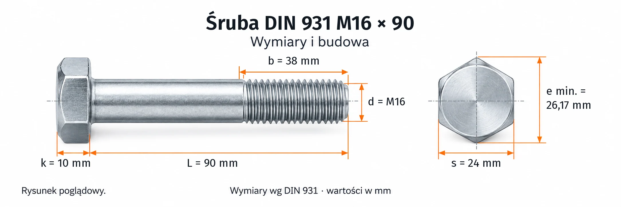Śruba DIN 931 M16×90 – rysunek wymiarowy: gwint M16, długość L 90 mm, długość gwintu b 38 mm, wysokość łba k 10 mm, klucz s 24 mm, wymiar po narożach e min. 26,17 mm