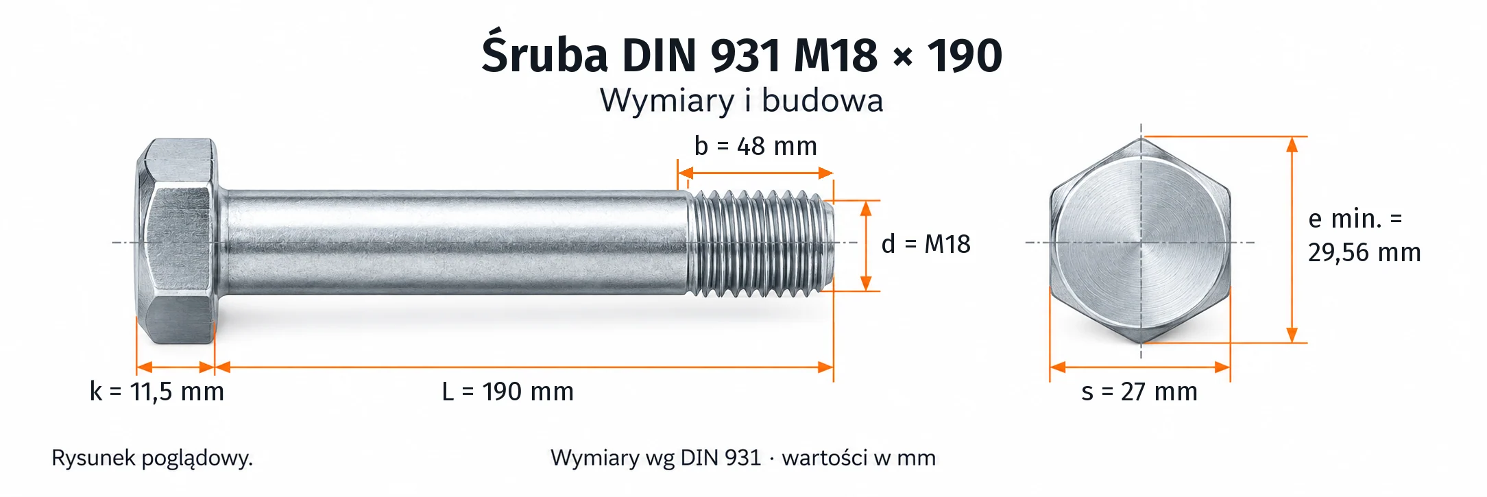 Śruba DIN 931 M18×190 – rysunek wymiarowy: gwint M18, długość L 190 mm, długość gwintu b 48 mm, wysokość łba k 11,5 mm, klucz s 27 mm, wymiar po narożach e min. 29,56 mm