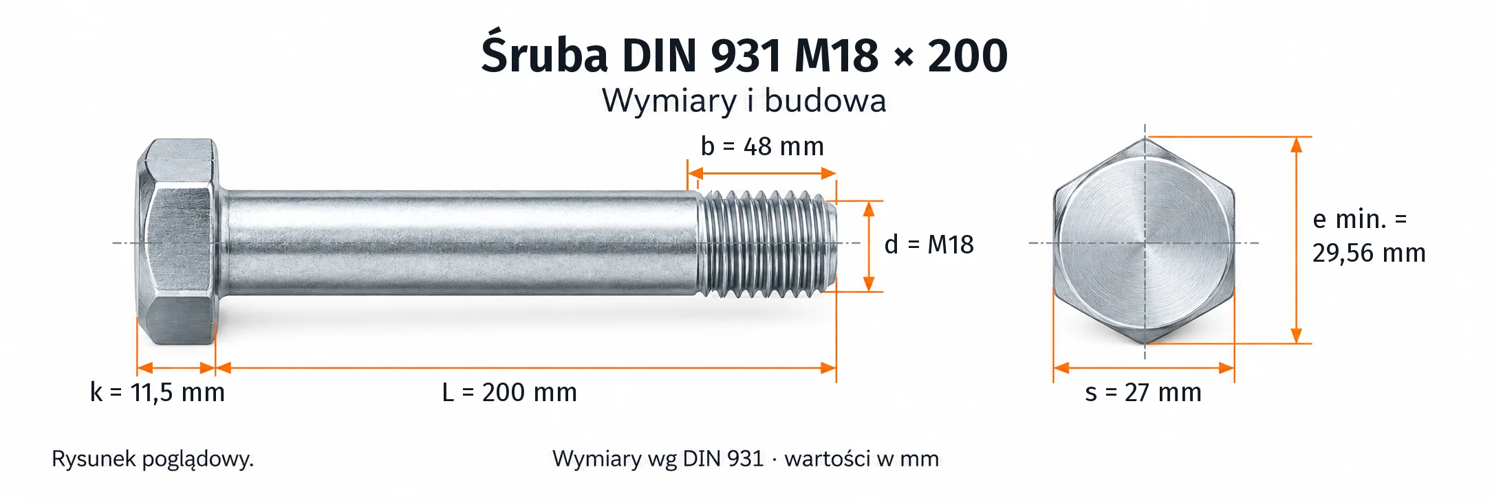 Śruba DIN 931 M18×200 – rysunek wymiarowy: gwint M18, długość L 200 mm, długość gwintu b 48 mm, wysokość łba k 11,5 mm, klucz s 27 mm, wymiar po narożach e min. 29,56 mm