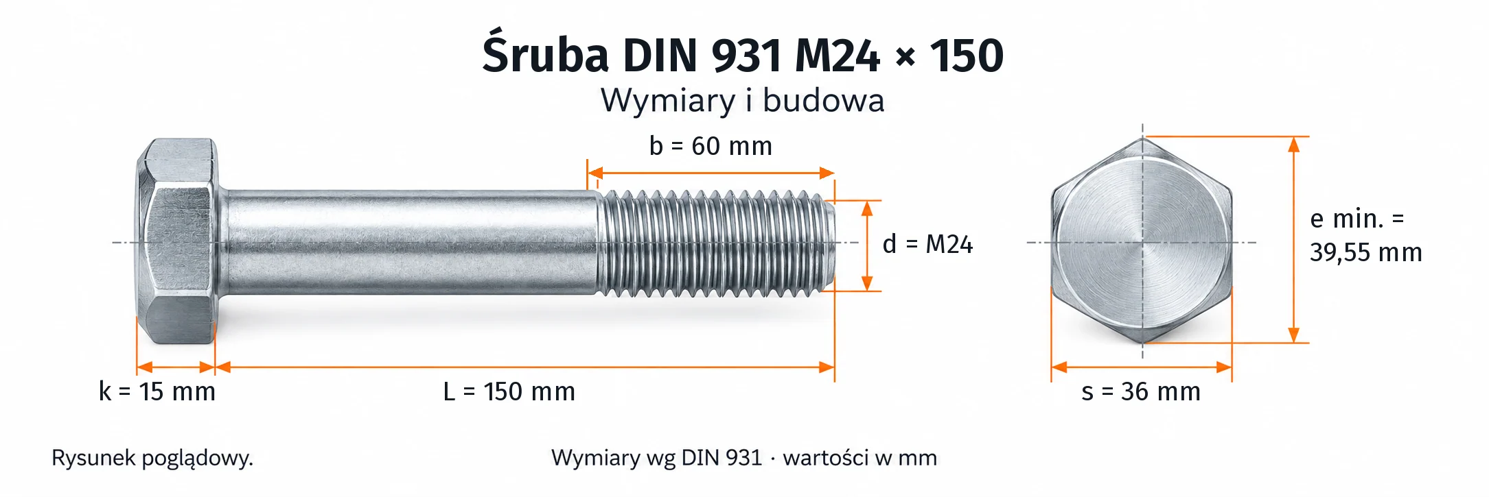 Śruba DIN 931 M24×150 – rysunek wymiarowy: gwint M24, długość L 150 mm, długość gwintu b 60 mm, wysokość łba k 15 mm, klucz s 36 mm, wymiar po narożach e min. 39,55 mm