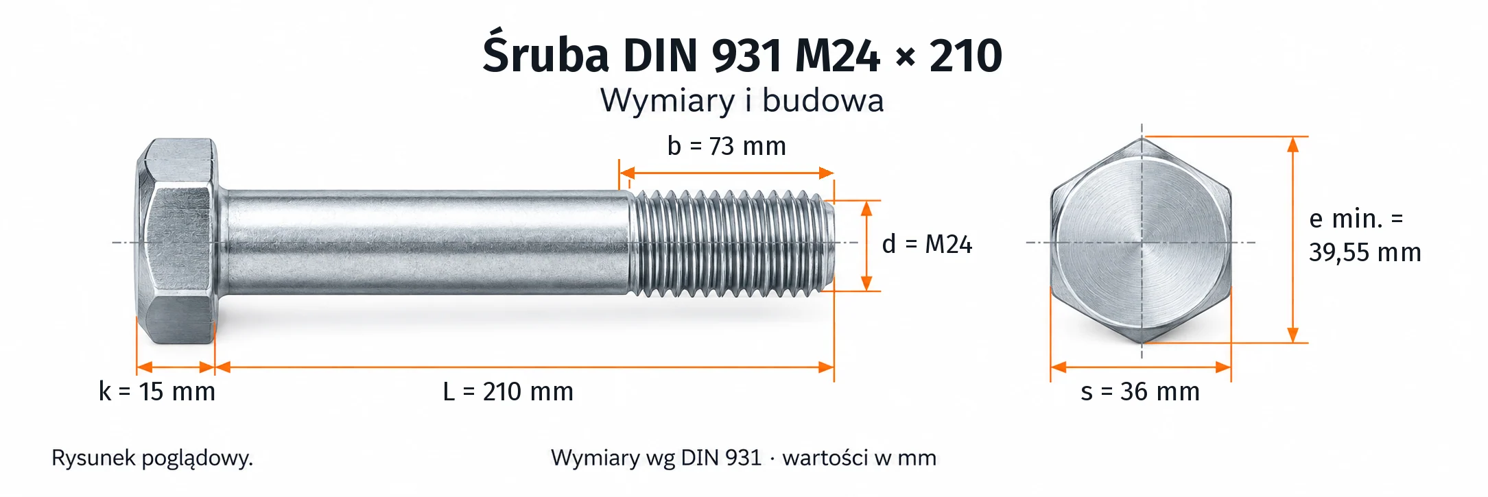 Śruba DIN 931 M24×210 – rysunek wymiarowy: gwint M24, długość L 210 mm, długość gwintu b 73 mm, wysokość łba k 15 mm, klucz s 36 mm, wymiar po narożach e min. 39,55 mm