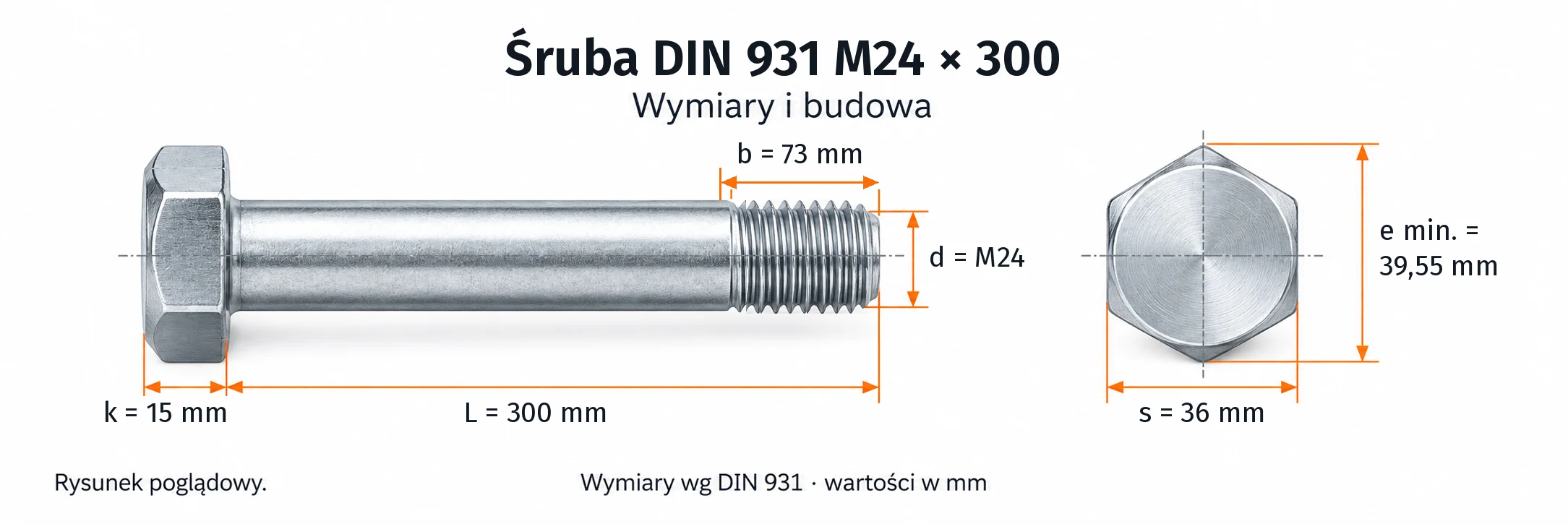 Śruba DIN 931 M24×300 – rysunek wymiarowy: gwint M24, długość L 300 mm, długość gwintu b 73 mm, wysokość łba k 15 mm, klucz s 36 mm, wymiar po narożach e min. 39,55 mm