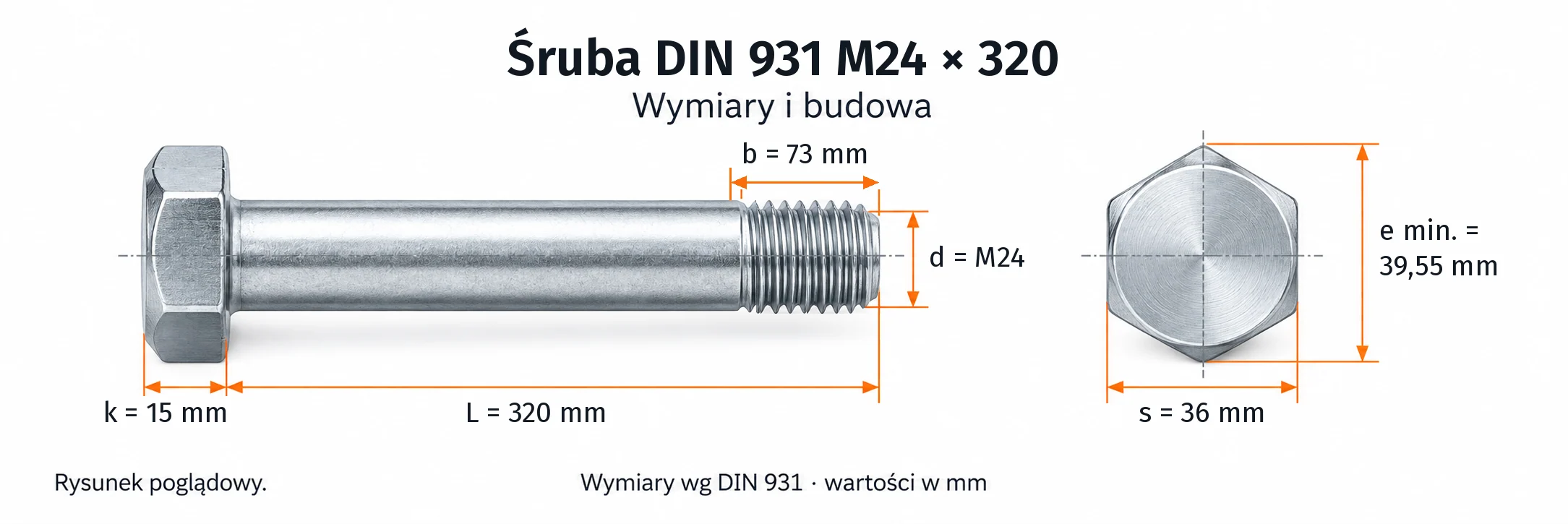 Śruba DIN 931 M24×320 – rysunek wymiarowy: gwint M24, długość L 320 mm, długość gwintu b 73 mm, wysokość łba k 15 mm, klucz s 36 mm, wymiar po narożach e min. 39,55 mm