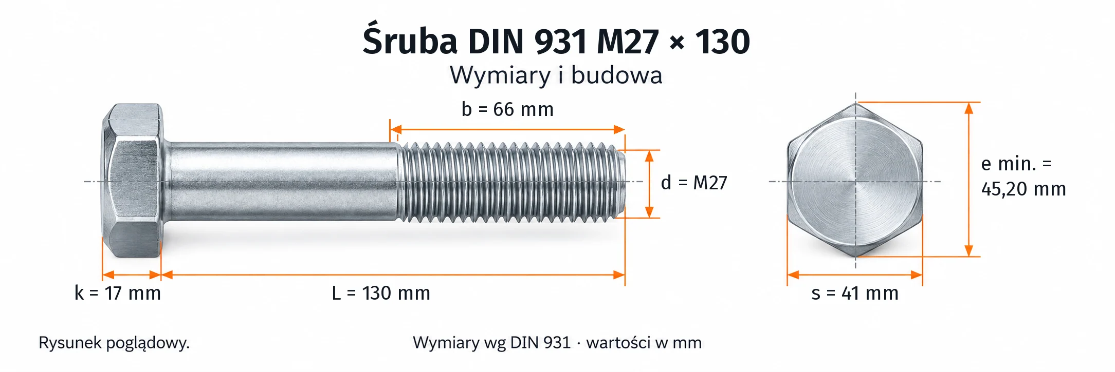 Śruba DIN 931 M27×130 – rysunek wymiarowy: gwint M27, długość L 130 mm, długość gwintu b 66 mm, wysokość łba k 17 mm, klucz s 41 mm, wymiar po narożach e min. 45,20 mm