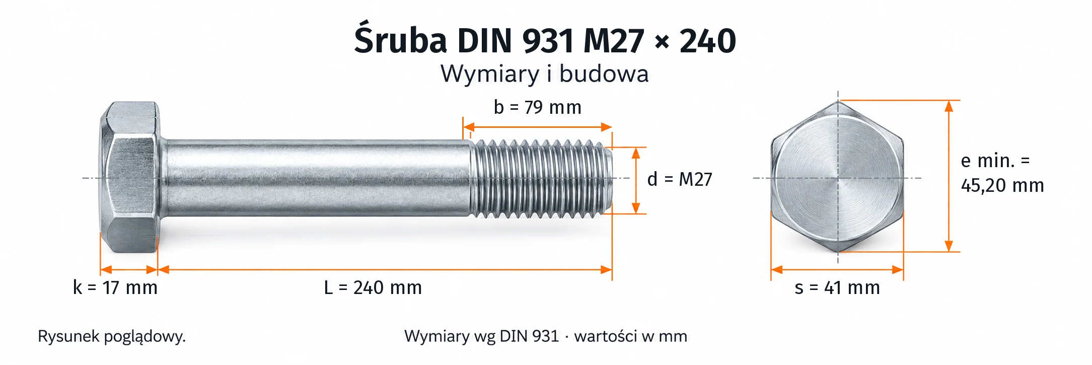 Śruba DIN 931 M27×240 – rysunek wymiarowy: gwint M27, długość L 240 mm, długość gwintu b 79 mm, wysokość łba k 17 mm, klucz s 41 mm, wymiar po narożach e min. 45,20 mm