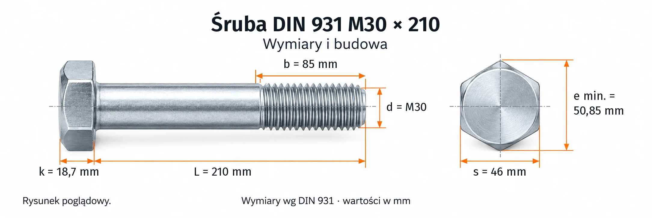 Śruba DIN 931 M30×210 – rysunek wymiarowy: gwint M30, długość L 210 mm, długość gwintu b 85 mm, wysokość łba k 18,7 mm, klucz s 46 mm, wymiar po narożach e min. 50,85 mm
