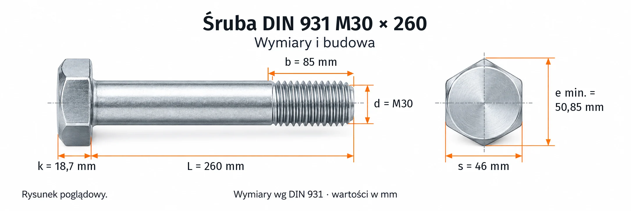 Śruba DIN 931 M30×260 – rysunek wymiarowy: gwint M30, długość L 260 mm, długość gwintu b 85 mm, wysokość łba k 18,7 mm, klucz s 46 mm, wymiar po narożach e min. 50,85 mm