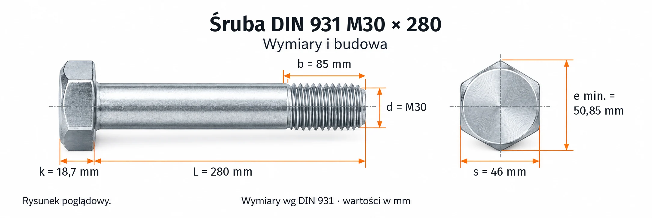 Śruba DIN 931 M30×280 – rysunek wymiarowy: gwint M30, długość L 280 mm, długość gwintu b 85 mm, wysokość łba k 18,7 mm, klucz s 46 mm, wymiar po narożach e min. 50,85 mm