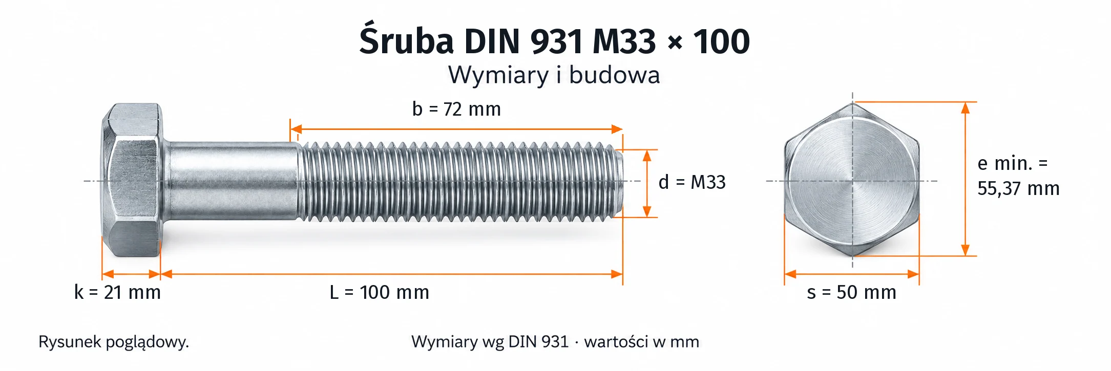 Śruba DIN 931 M33×100 – rysunek wymiarowy: gwint M33, długość L 100 mm, długość gwintu b 72 mm, wysokość łba k 21 mm, klucz s 50 mm, wymiar po narożach e min. 55,37 mm