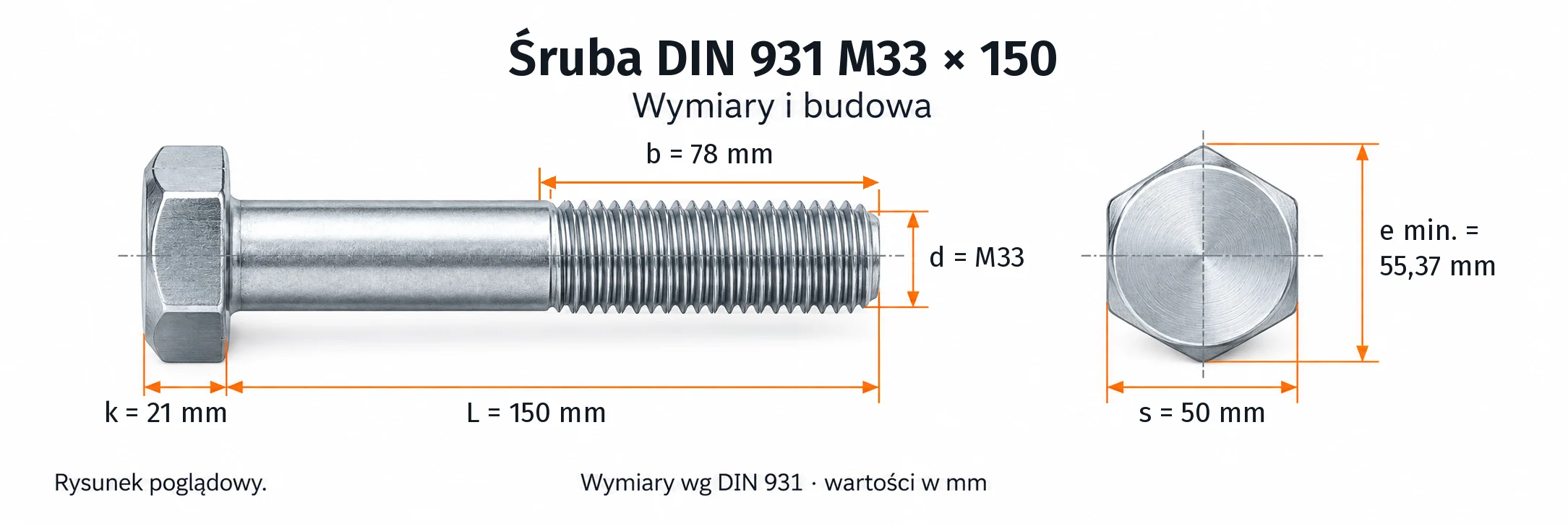 Śruba DIN 931 M33×150 – rysunek wymiarowy: gwint M33, długość L 150 mm, długość gwintu b 78 mm, wysokość łba k 21 mm, klucz s 50 mm, wymiar po narożach e min. 55,37 mm