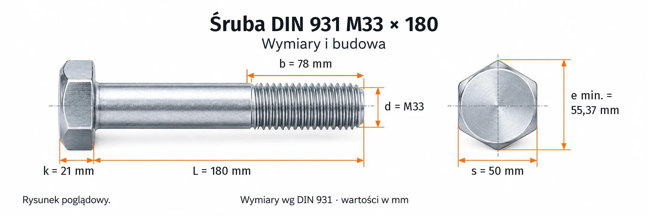 Śruba DIN 931 M33×180 – rysunek wymiarowy: gwint M33, długość L 180 mm, długość gwintu b 78 mm, wysokość łba k 21 mm, klucz s 50 mm, wymiar po narożach e min. 55,37 mm