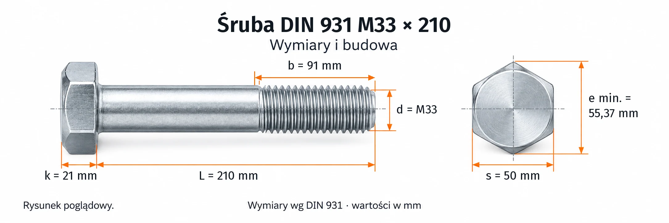 Śruba DIN 931 M33×210 – rysunek wymiarowy: gwint M33, długość L 210 mm, długość gwintu b 91 mm, wysokość łba k 21 mm, klucz s 50 mm, wymiar po narożach e min. 55,37 mm