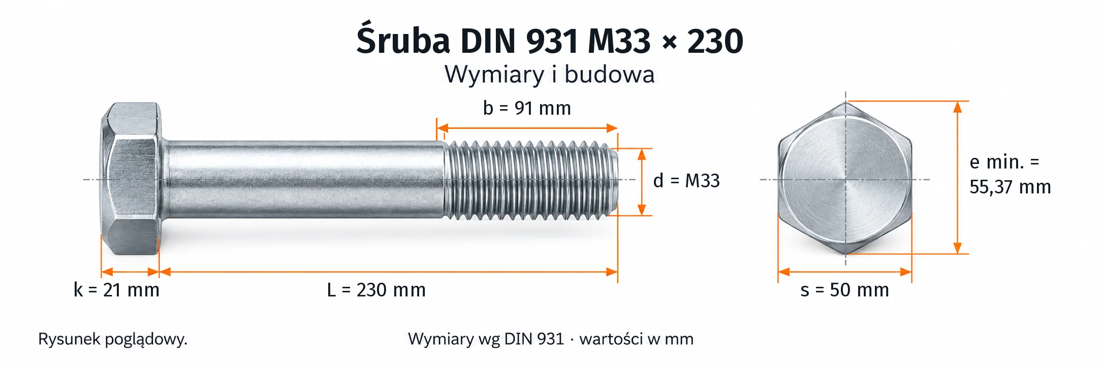 Śruba DIN 931 M33×230 – rysunek wymiarowy: gwint M33, długość L 230 mm, długość gwintu b 91 mm, wysokość łba k 21 mm, klucz s 50 mm, wymiar po narożach e min. 55,37 mm