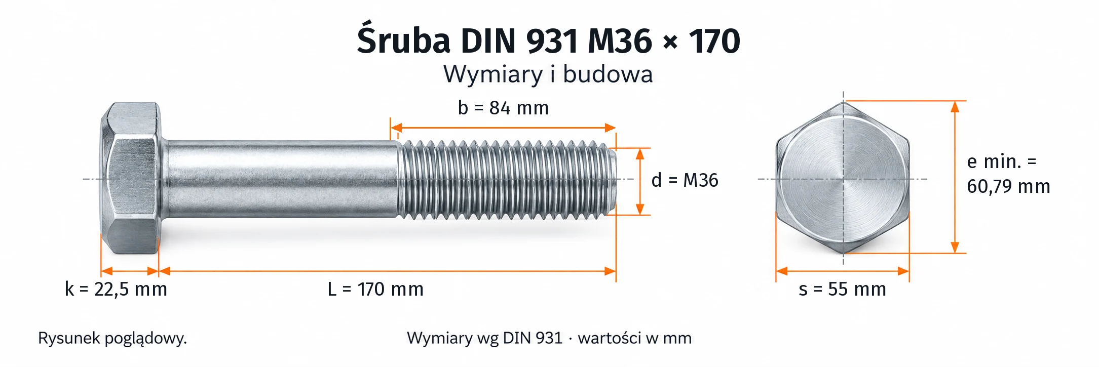 Śruba DIN 931 M36×170 – rysunek wymiarowy: gwint M36, długość L 170 mm, długość gwintu b 84 mm, wysokość łba k 22,5 mm, klucz s 55 mm, wymiar po narożach e min. 60,79 mm