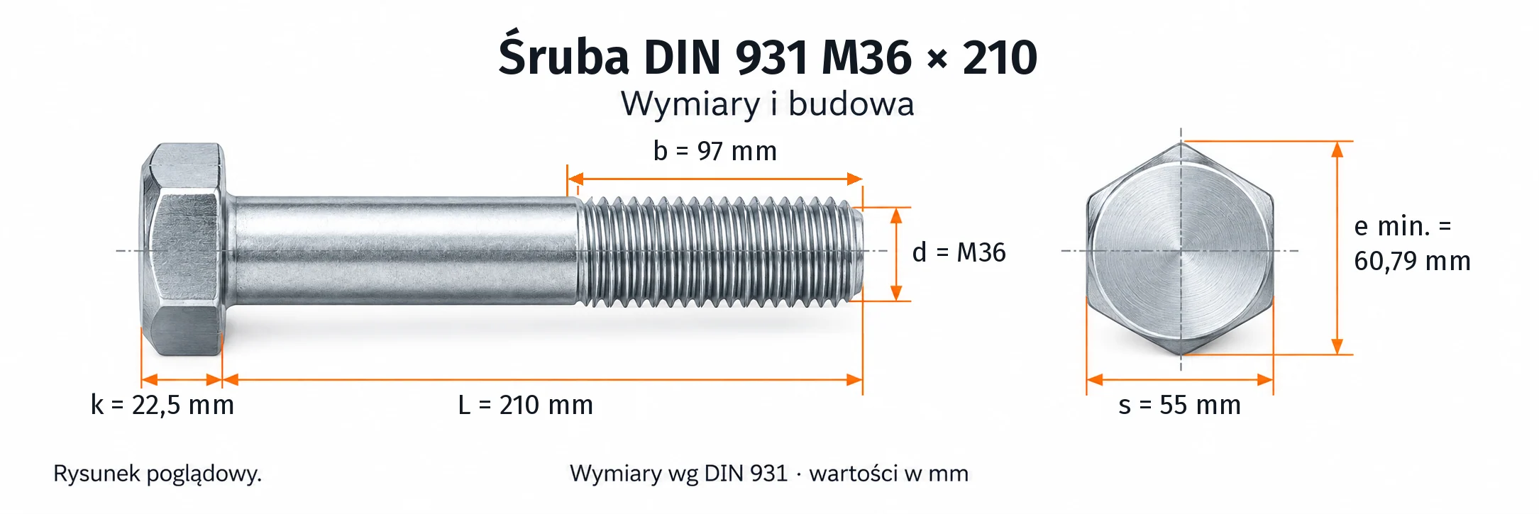 Śruba DIN 931 M36×210 – rysunek wymiarowy: gwint M36, długość L 210 mm, długość gwintu b 97 mm, wysokość łba k 22,5 mm, klucz s 55 mm, wymiar po narożach e min. 60,79 mm