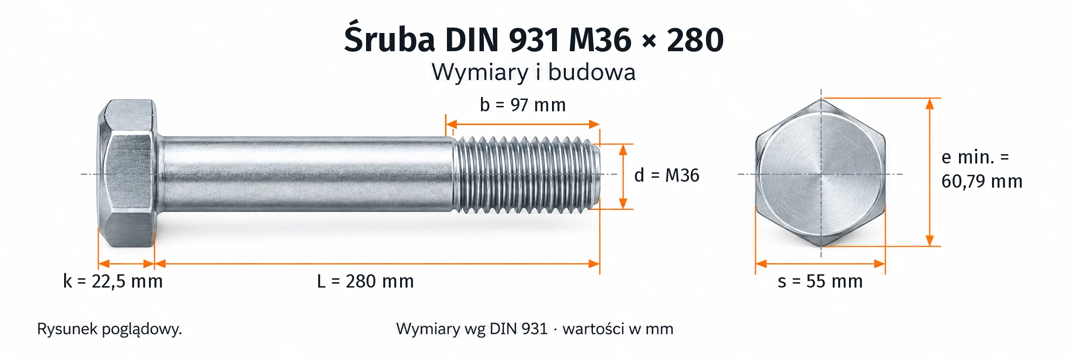 Śruba DIN 931 M36×280 – rysunek wymiarowy: gwint M36, długość L 280 mm, długość gwintu b 97 mm, wysokość łba k 22,5 mm, klucz s 55 mm, wymiar po narożach e min. 60,79 mm