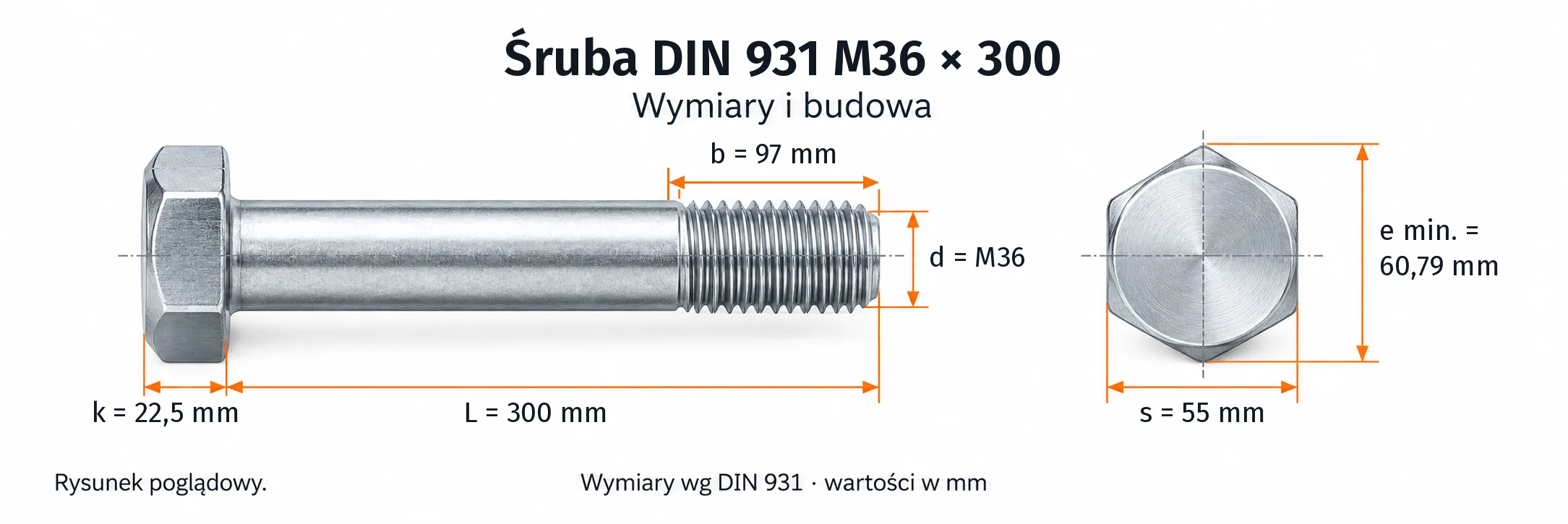 Śruba DIN 931 M36×300 – rysunek wymiarowy: gwint M36, długość L 300 mm, długość gwintu b 97 mm, wysokość łba k 22,5 mm, klucz s 55 mm, wymiar po narożach e min. 60,79 mm