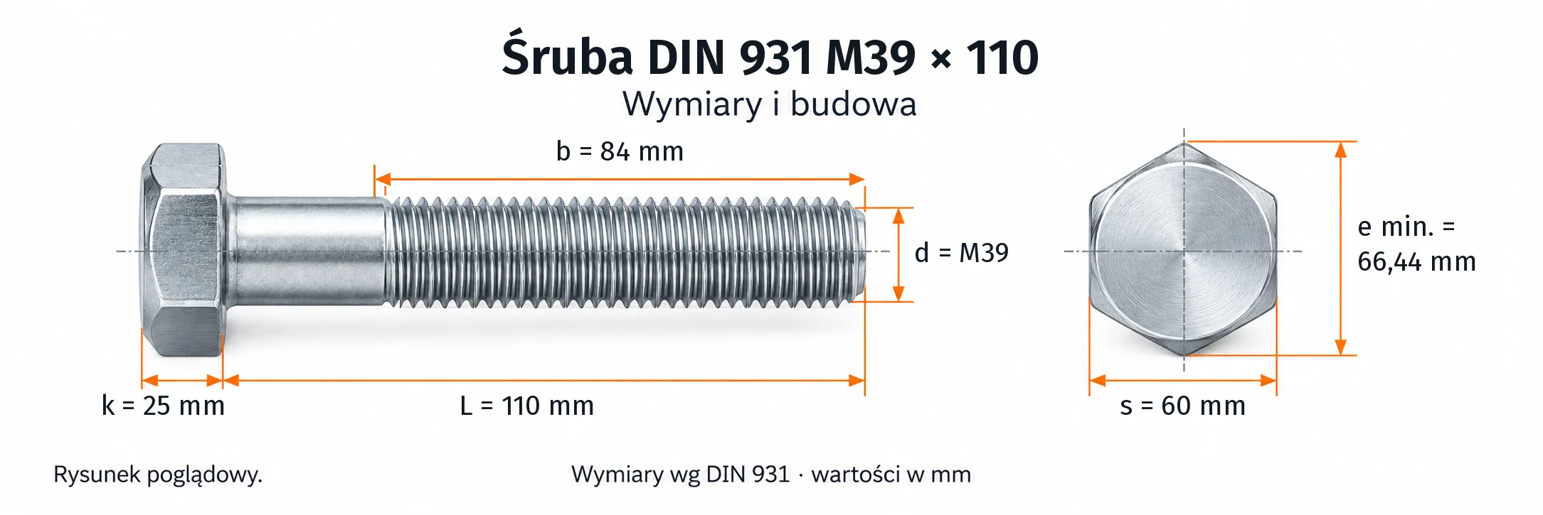 Śruba DIN 931 M39×110 – rysunek wymiarowy: gwint M39, długość L 110 mm, długość gwintu b 84 mm, wysokość łba k 25 mm, klucz s 60 mm, wymiar po narożach e min. 66,44 mm