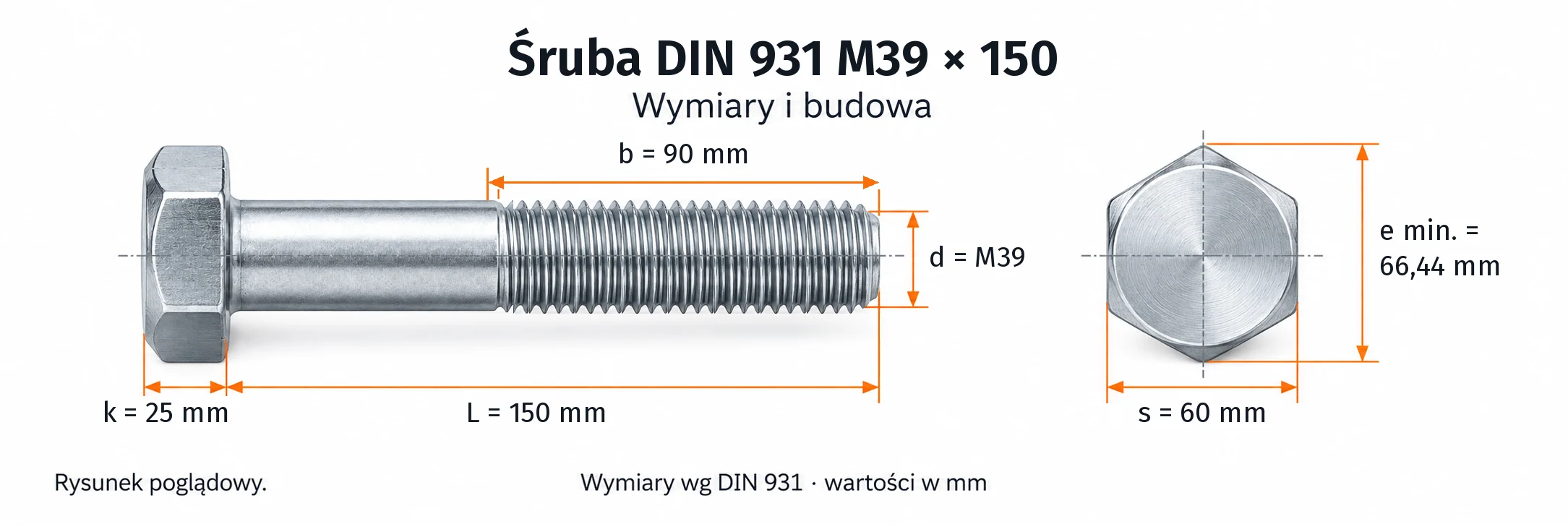 Śruba DIN 931 M39×150 – rysunek wymiarowy: gwint M39, długość L 150 mm, długość gwintu b 90 mm, wysokość łba k 25 mm, klucz s 60 mm, wymiar po narożach e min. 66,44 mm
