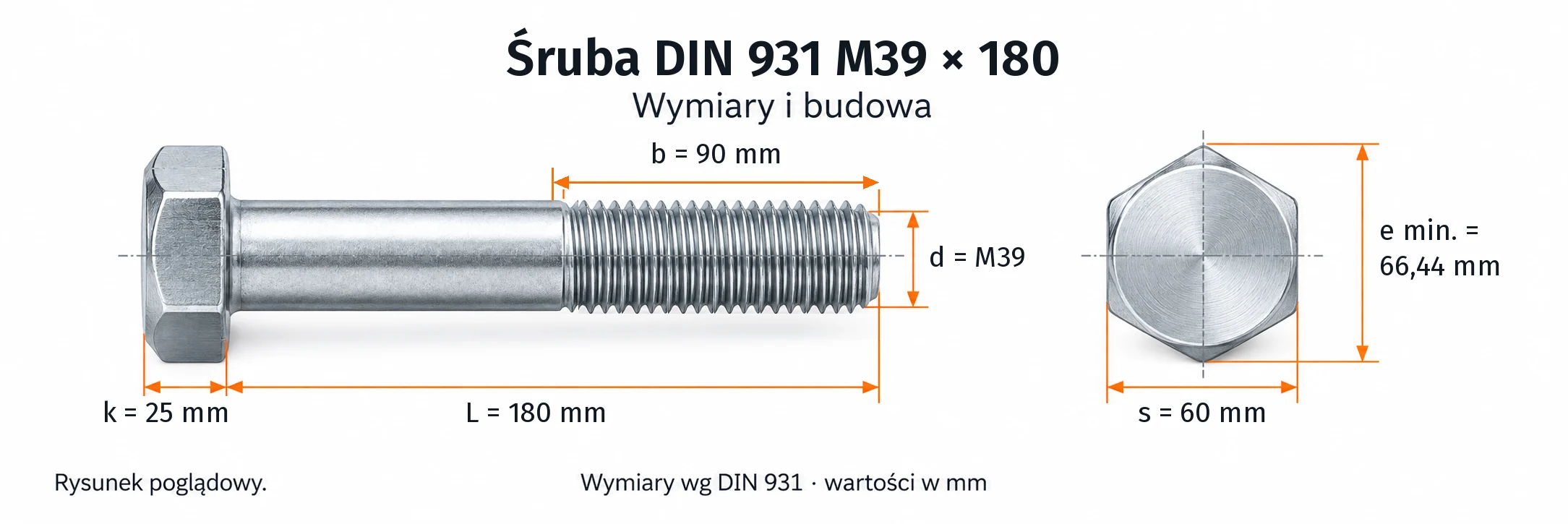 Śruba DIN 931 M39×180 – rysunek wymiarowy: gwint M39, długość L 180 mm, długość gwintu b 90 mm, wysokość łba k 25 mm, klucz s 60 mm, wymiar po narożach e min. 66,44 mm