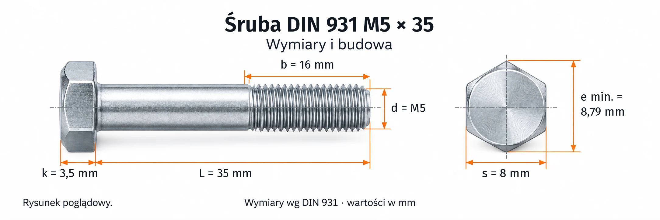 Śruba DIN 931 M5×35 – rysunek wymiarowy: gwint M5, długość L 35 mm, długość gwintu b 16 mm, wysokość łba k 3,5 mm, klucz s 8 mm, wymiar po narożach e min. 8,79 mm