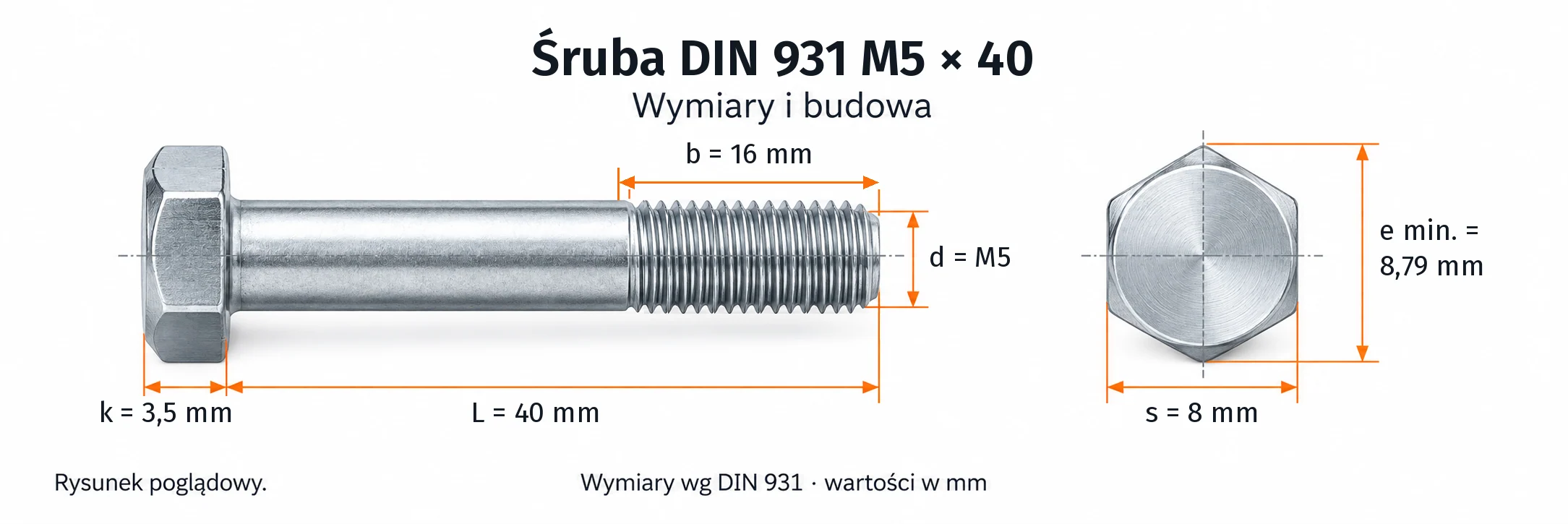 Śruba DIN 931 M5×40 – rysunek wymiarowy: gwint M5, długość L 40 mm, długość gwintu b 16 mm, wysokość łba k 3,5 mm, klucz s 8 mm, wymiar po narożach e min. 8,79 mm