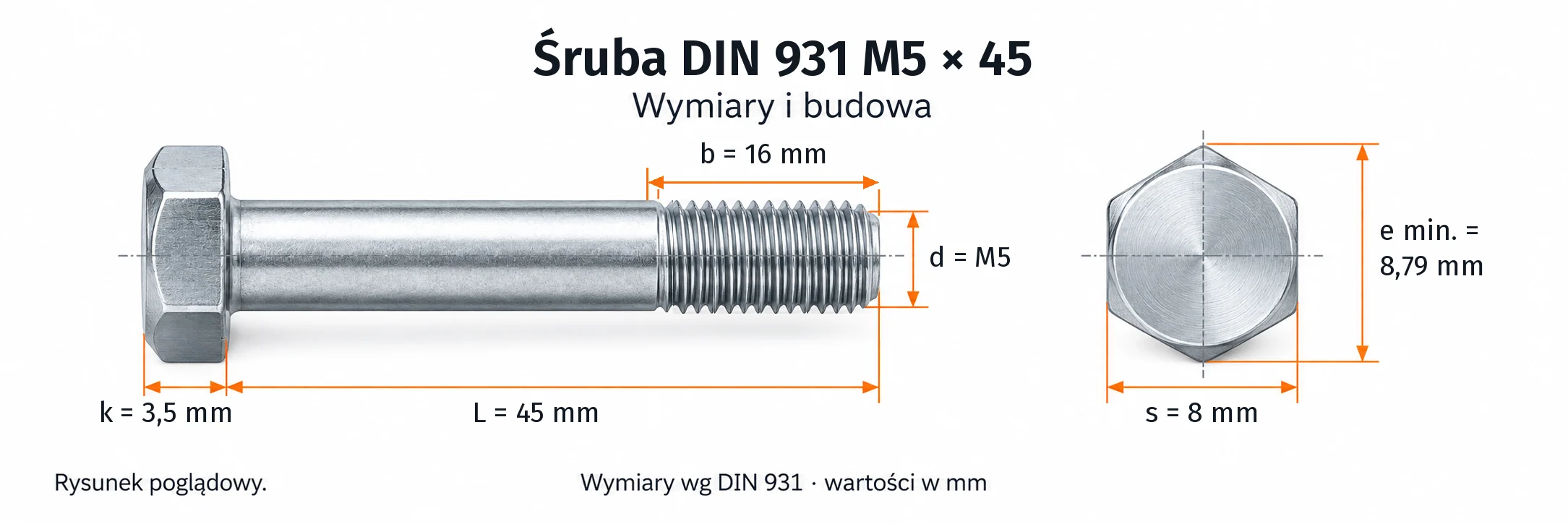 Śruba DIN 931 M5×45 – rysunek wymiarowy: gwint M5, długość L 45 mm, długość gwintu b 16 mm, wysokość łba k 3,5 mm, klucz s 8 mm, wymiar po narożach e min. 8,79 mm